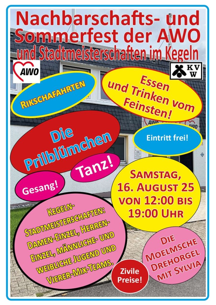 Das Sommer- und Nachbarschaftsfest der AWO findet in diesem Jahr am 16. August zwischen 12:00 und 19:00 Uhr statt. Gleichzeitig mit dem Sommerfest der AWO lädt die Keglervereinigung zur Stadtmeisterschaft im Kegeln ein. Nach vielen Jahren wollen die Kegler damit eine alte Tradition wiederaufleben lassen und laden alle Wülfrather Kegler zu einem Wettkampf um die Wülfrather Kegelkrone auf die Kegelbahn im AWO-Treff ein.

Beim Sommer- und Nachbarschaftsfest wartet die AWO mit einigen Neuerungen auf. So werden zum Beispiel zu einer Rikschafahrt in Wülfrath eingeladen. Durch die neue Partnerschaft mit dem Haus August von der Twer durch das Café der Begegnung, wird die Rikscha auch dort Halt machen, Gäste abzuholen.

Natürlich treten auch in diesem Jahr wieder die Prilblümchen aus Hilden auf und sorgen für Stimmung und animieren die Gäste das Tanzbein zu schwingen. Mit Sylvia aus Mülheim an der Ruhr kehrt nach ein paar Jahren auch wieder die „Mölmsche Drehorgel“ in den AWO-Treff an der Schulstraße zurück.

Erstmals seit Baubeginn der KiTa wird auch wieder die Terrasse im Untergeschoss nutzbar sein und den Gästen ermöglichen Ihren Kaffee draußen zu sich zu nehmen. Insbesondere die Gäste und Wettkämpfer auf der Kegelbahn werden davon Gebrauch machen.

Zu den Stadtmeisterschaften: Es werden in fünf Klassen Meisterschaften ausgekegelt. Der Höhepunkt dabei wird sicher die Mannschaftsmeisterschaft der Mix-Mann(Frau)schaften sein. Alle Kegel-Klubs in Wülfrath, aber auch alle, die sich mal an Kegel und Kugel probieren wollen, sind aufgerufen sich und ihre Mannschaften anzumelden. Neben dem Mannschaftswettbewerb wird es Stadtmeister in der männlichen und der weiblichen Jugend geben und es werden natürlich Stadtmeister bei den Damen und den Herren ausgekegelt. Gewertet werden 40 Wurf in die Vollen und das Startgeld beträgt 2,00 Euro (Jugendliche 1,00 Euro). Anmelden zur Stadtmeisterschaft im Kegeln kann man sich am einfachsten unter der E-Mail-Adresse: keglerwuelfrath@aol.com oder direkt vor Ort während der Stadtmeisterschaften.